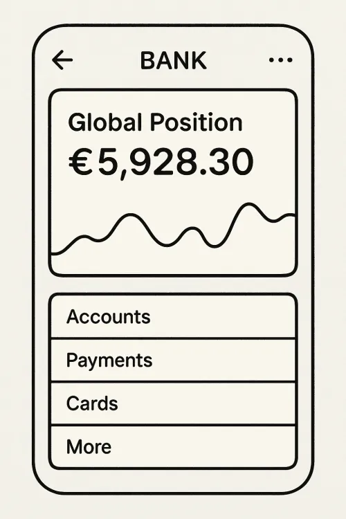 Prompt: ool, now I want you to generate the UI and UX of sorts for a mobile app for a banking services. This app is pretty much just like a card that you keep in your mobile phone wallet. I just want you to provide some, as an idea to start with, of this card showing the global position of this bank client with the typical menus and labels. Maybe some data visualization. It should really work like a sketch, an idea of what it can be, just as a starting point. / Chat GPT 4o, one shot, audio-to-text-to-image.