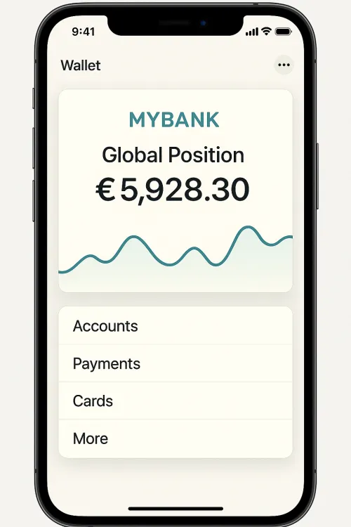 prompt: Cool, can you now do it with the visual design on top? I mean with the look and feel, not as a wireframe. I want this inside an iPhone and I want this to look like a wallet card. It should have a flat design with pale light colors. It should look sleek and slightly Apple style, if you see what I mean. Just like put the name of an imaginary bank and make it look like a real mobile app, again in the shape of a card in a wallet. / Chat GPT 4o, one shot, audio-to-text-to-image.