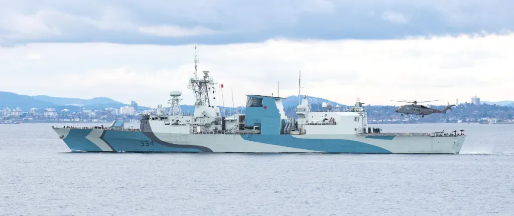 HMCS Regina, carrying her dazzle camouflage scheme, takes part in Task Group Exercise 20-1 in April 2020., Canadian Forces
